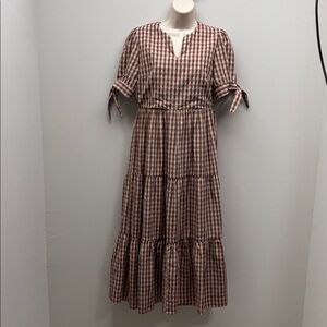Brass & Roe The Claire Tie Sleeve Tiered Ruffle Brown Gingham Dress XS Modest